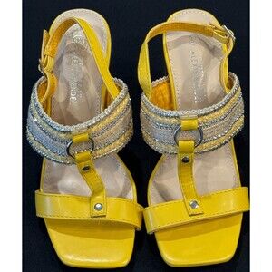 Comfort By Alexis Bendel T-Strap Yellow /Silver Block Heel Sandals SZ 5 1/2
